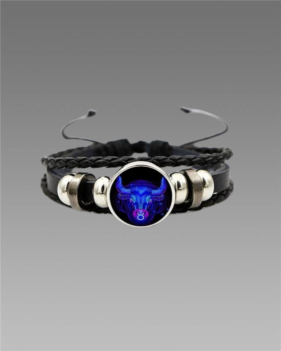 Zodiac Constellation Braided Design Genuine Black Leather Bracelet