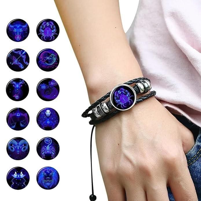 Zodiac Constellation Braided Design Genuine Black Leather Bracelet