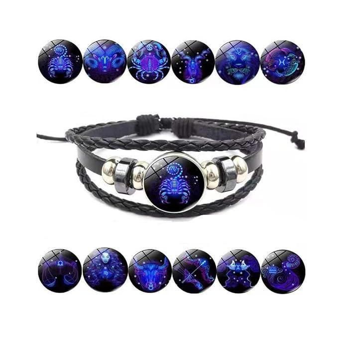 Zodiac Constellation Braided Design Genuine Black Leather Bracelet