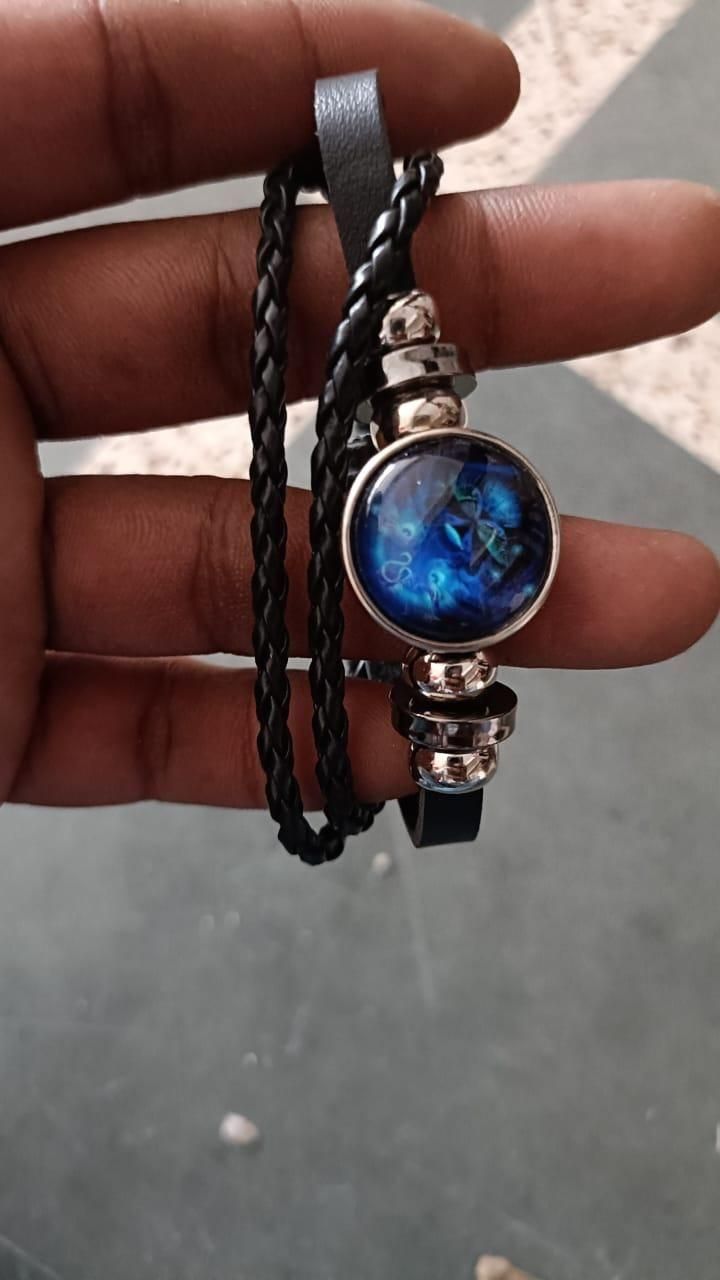 Zodiac Constellation Braided Design Genuine Black Leather Bracelet