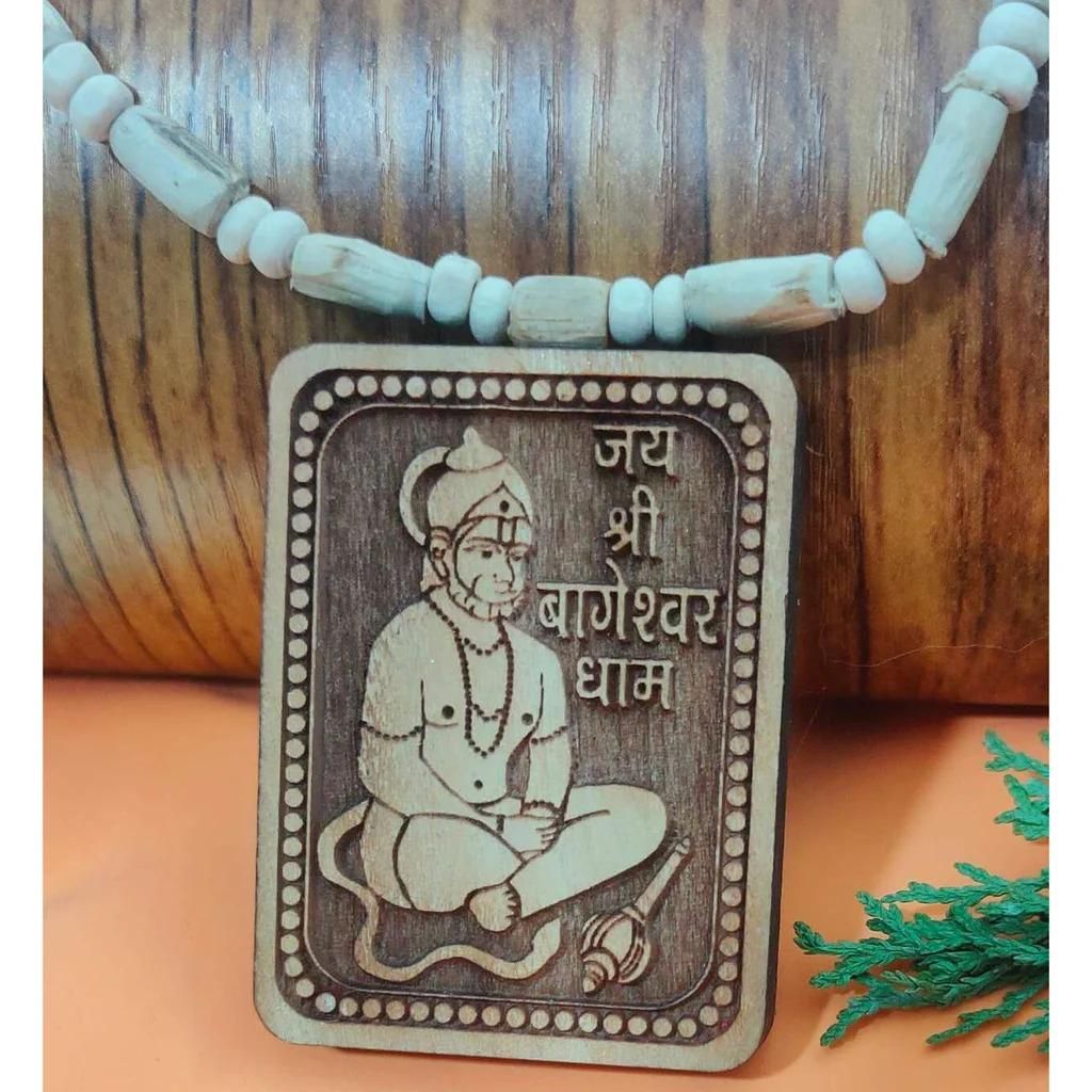 Bageshwar Dham Tulsi Mala with Wooden Hanumanji Locket – Sacred Tulsi Beads with Hand-Carved Hanuman Pendant