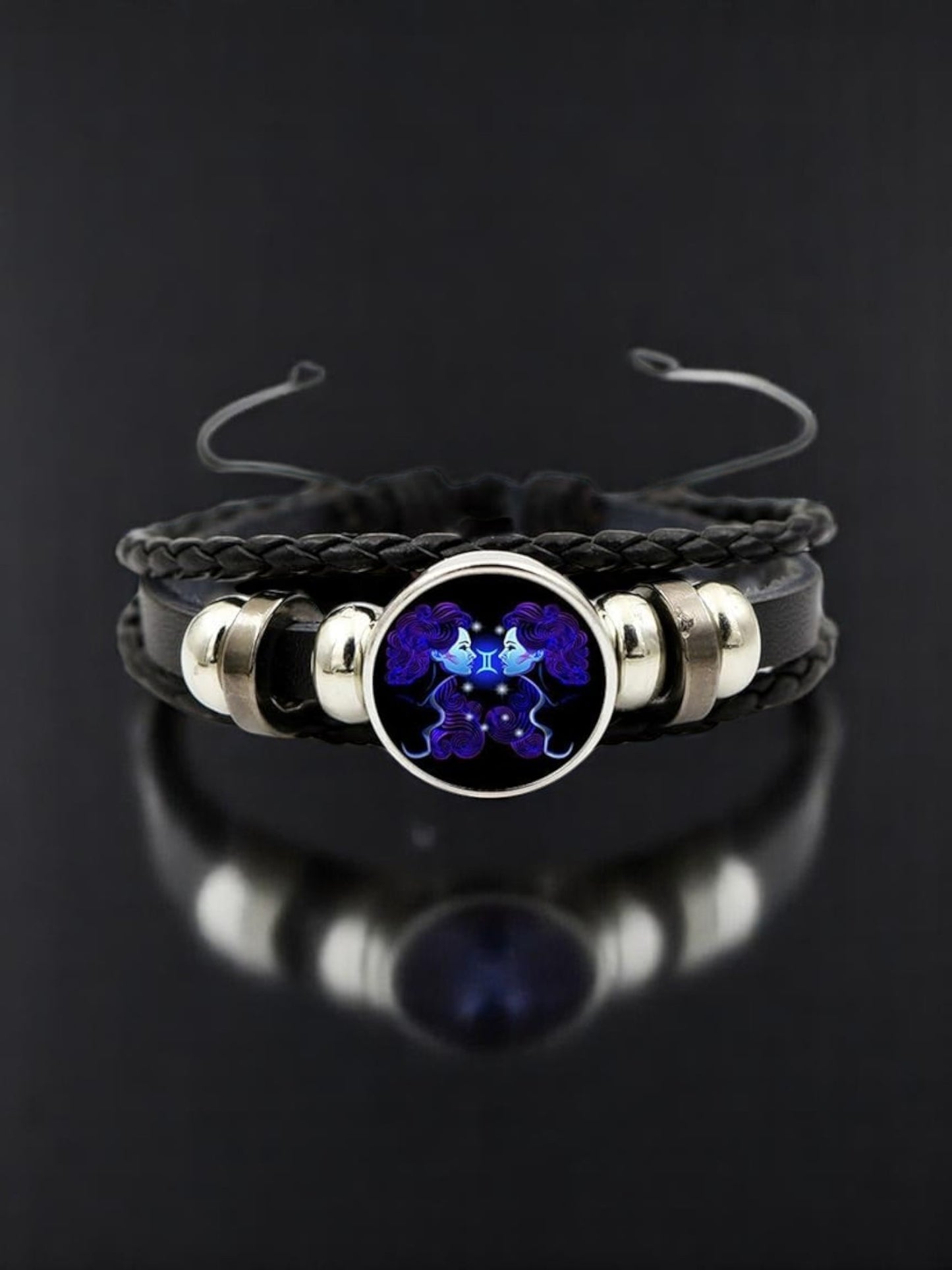 Zodiac Constellation Braided Design Genuine Black Leather Bracelet