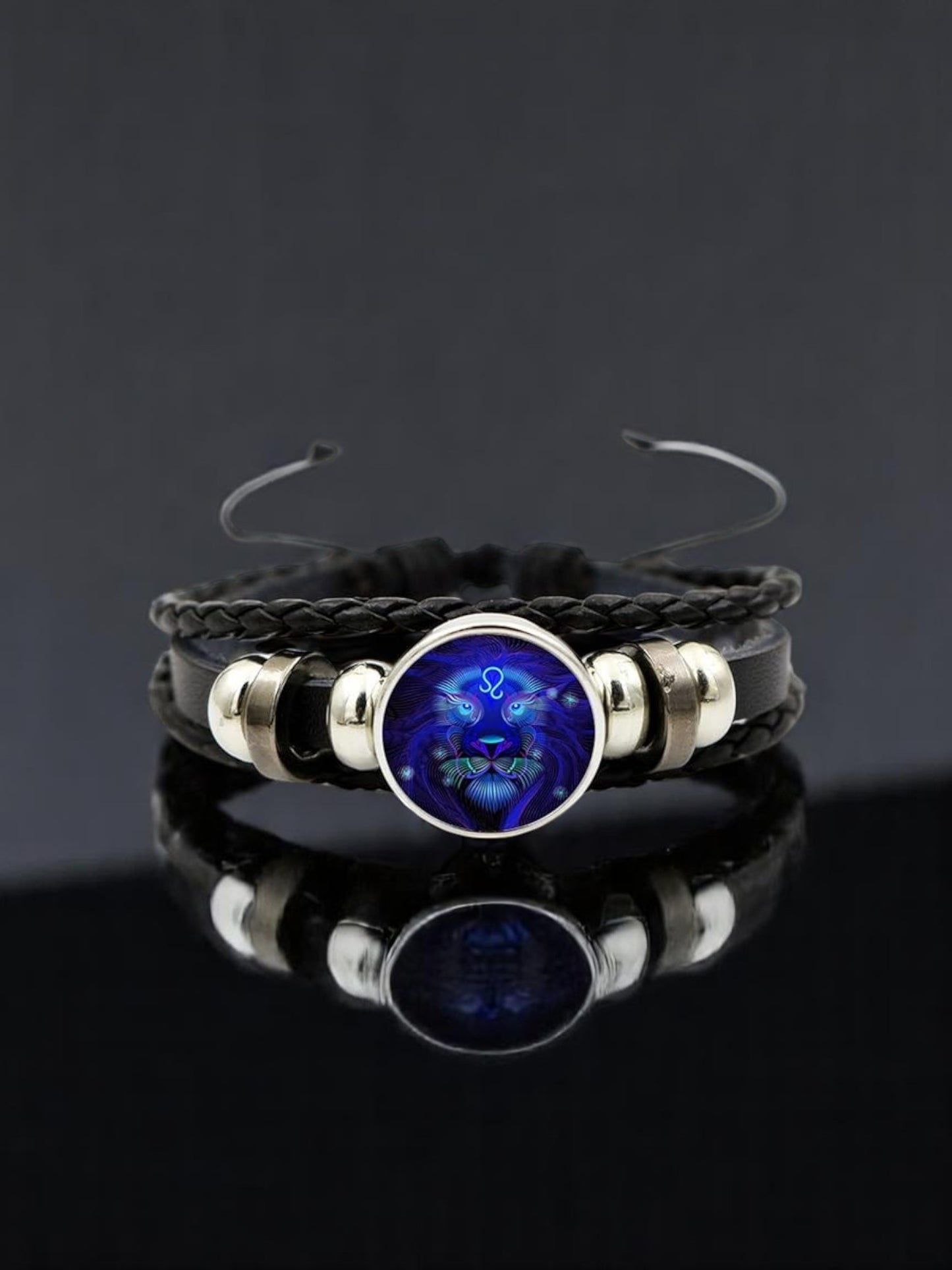 Zodiac Constellation Braided Design Genuine Black Leather Bracelet