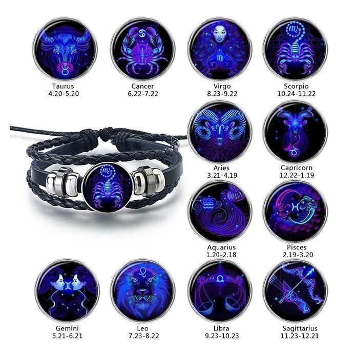 Zodiac Constellation Braided Design Genuine Black Leather Bracelet