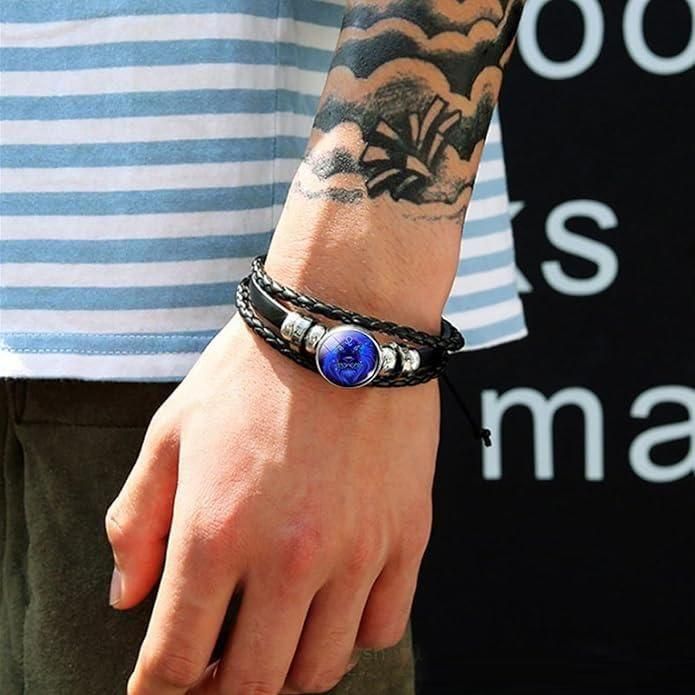 Zodiac Constellation Braided Design Genuine Black Leather Bracelet