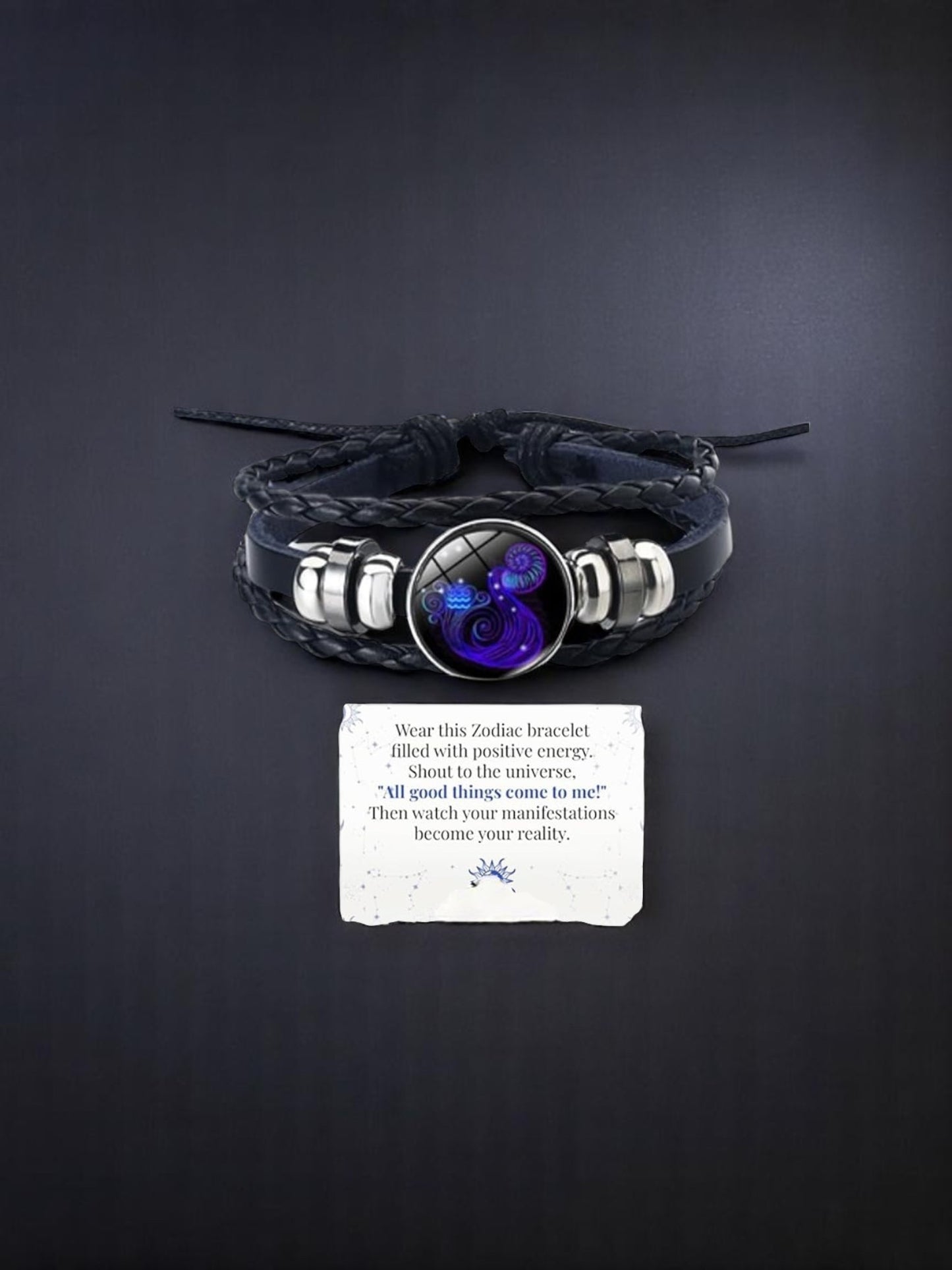 Zodiac Constellation Braided Design Genuine Black Leather Bracelet