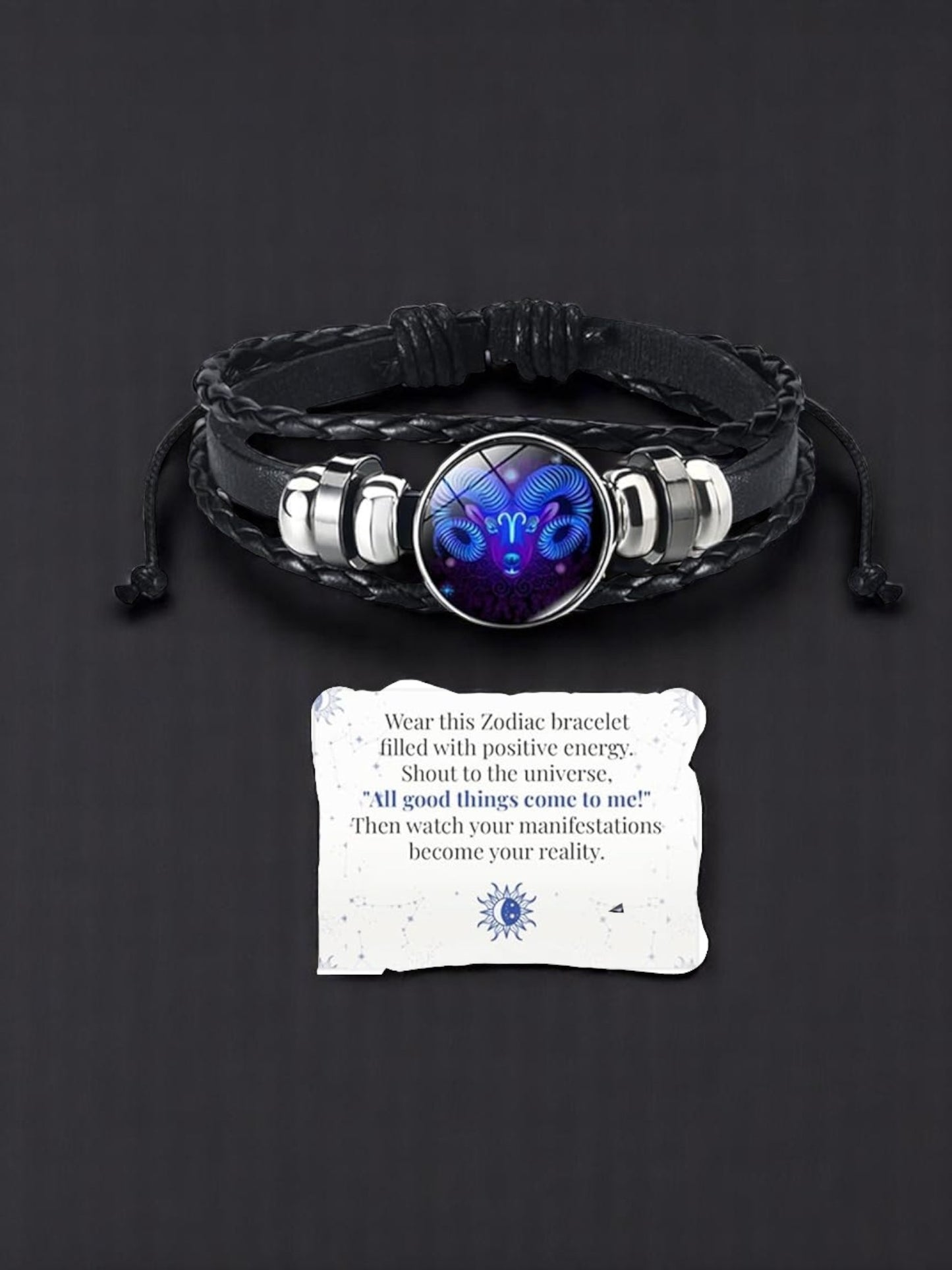 Zodiac Constellation Braided Design Genuine Black Leather Bracelet