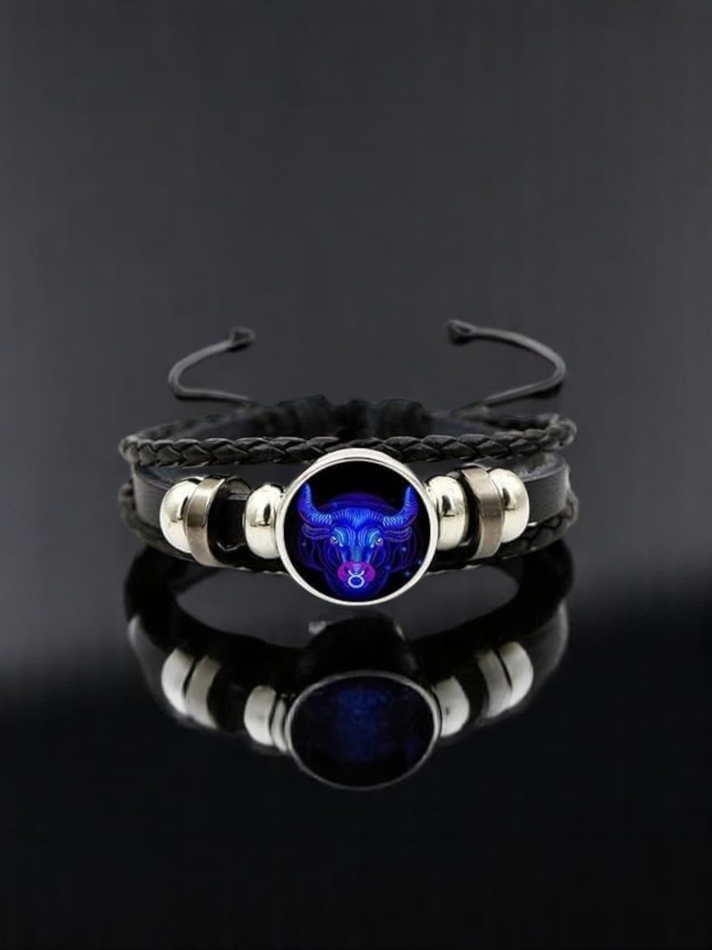 Zodiac Constellation Braided Design Genuine Black Leather Bracelet