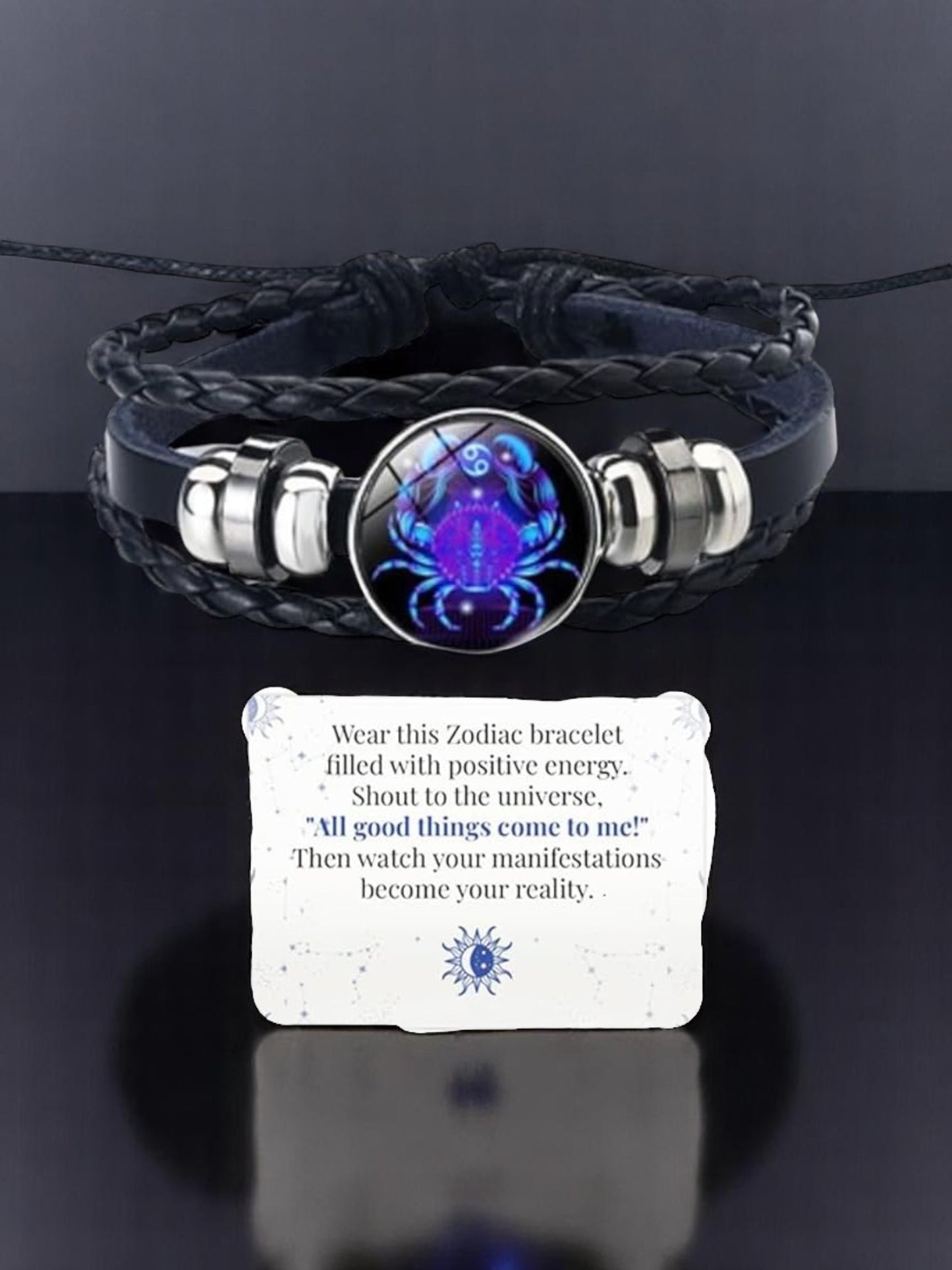 Zodiac Constellation Braided Design Genuine Black Leather Bracelet