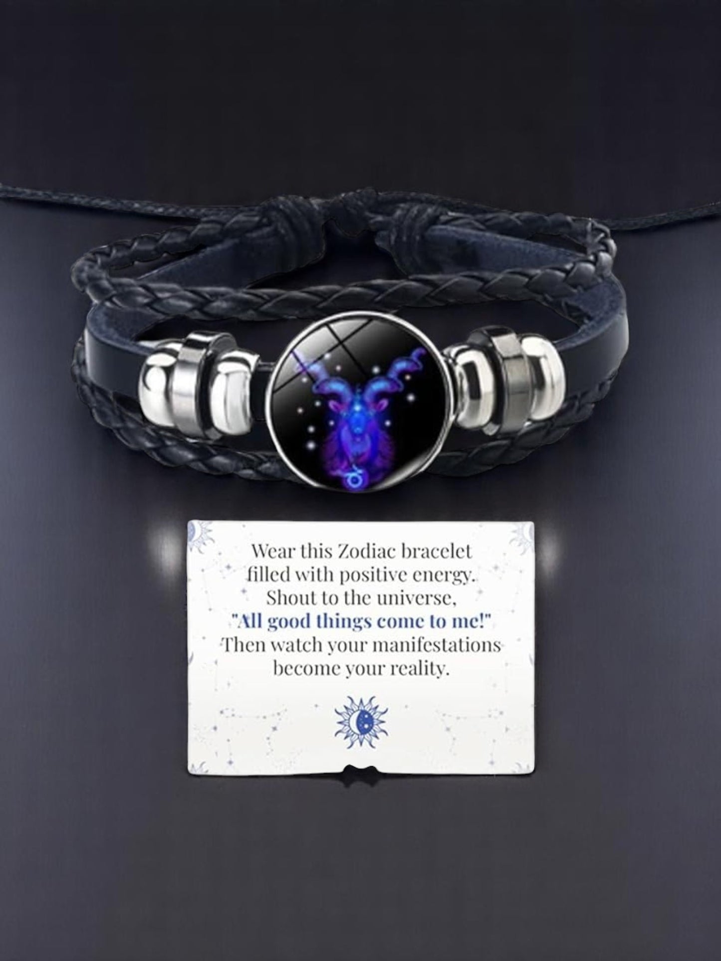 Zodiac Constellation Braided Design Genuine Black Leather Bracelet