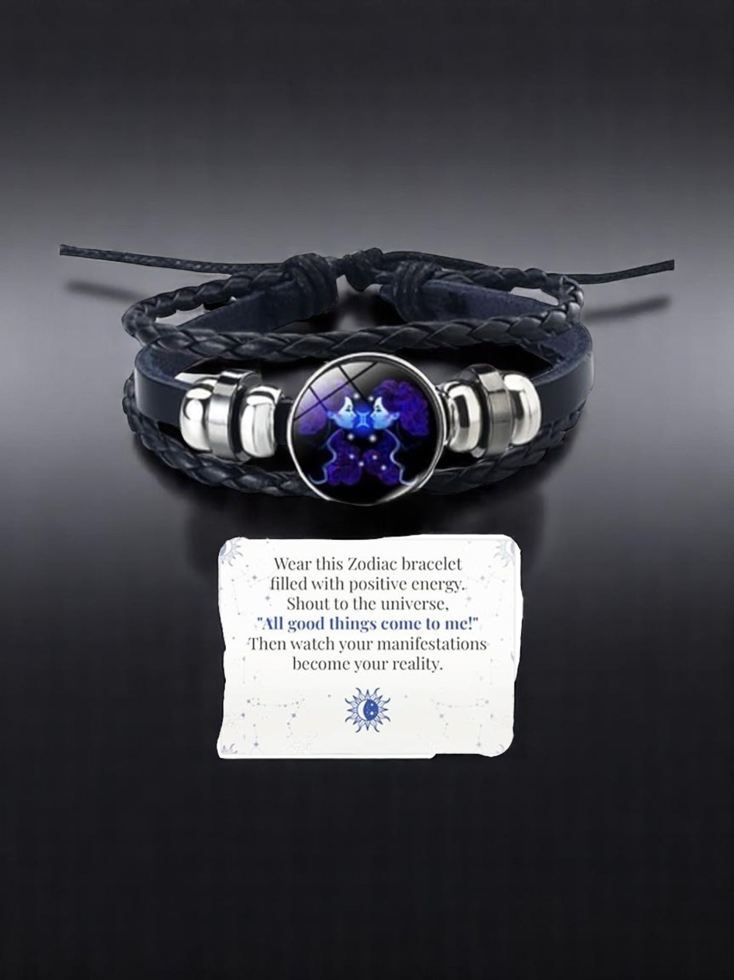 Zodiac Constellation Braided Design Genuine Black Leather Bracelet