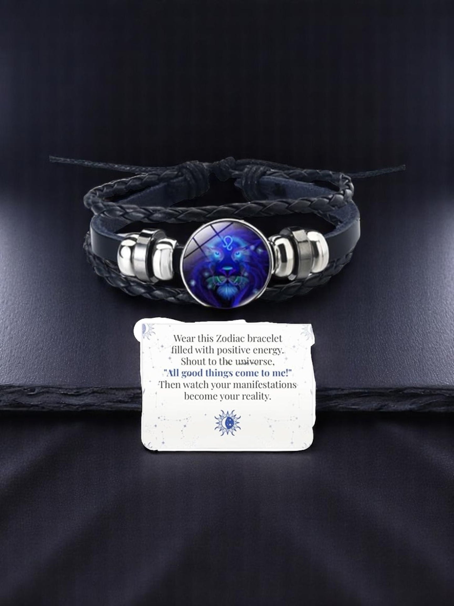Zodiac Constellation Braided Design Genuine Black Leather Bracelet