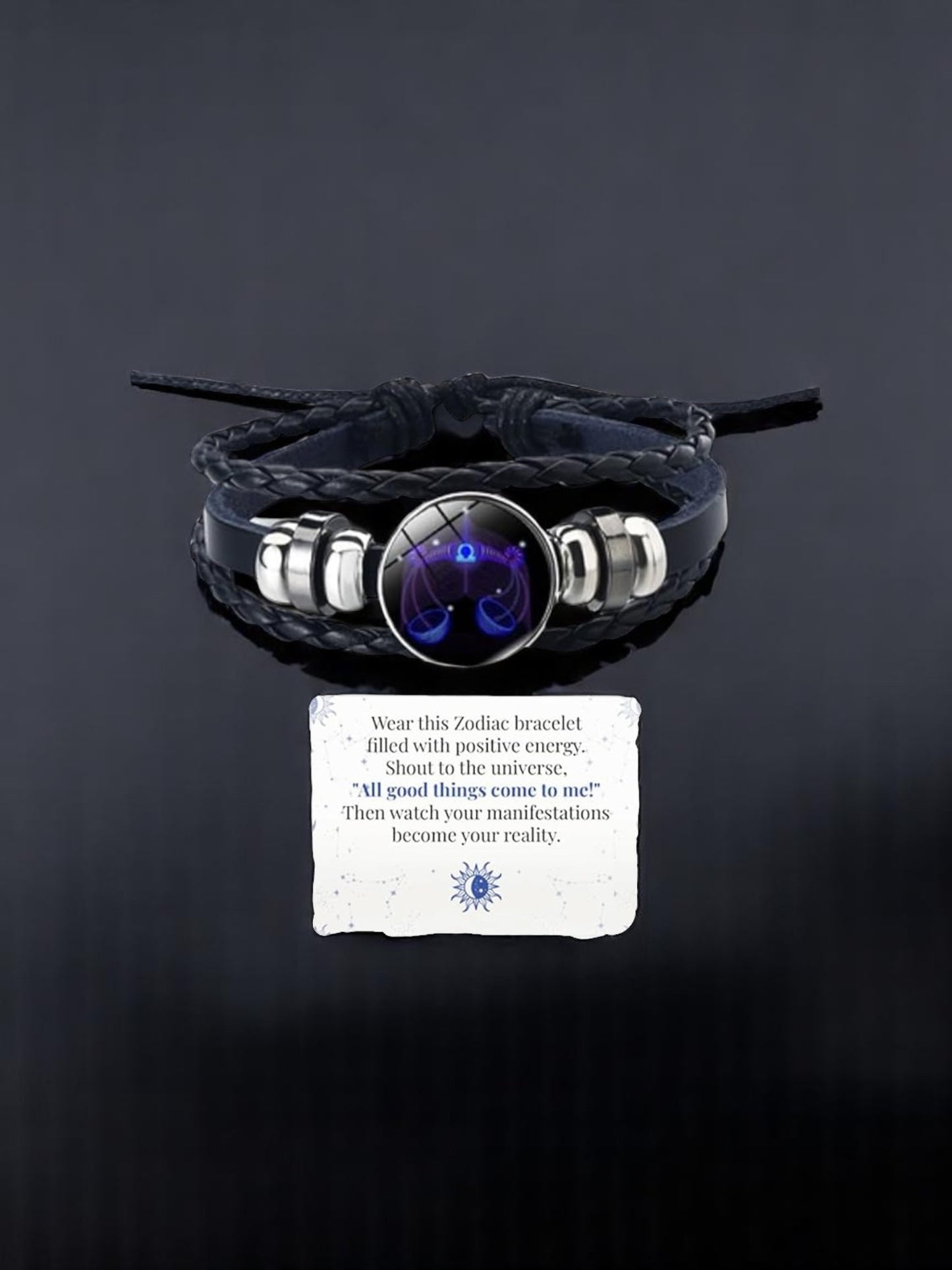 Zodiac Constellation Braided Design Genuine Black Leather Bracelet