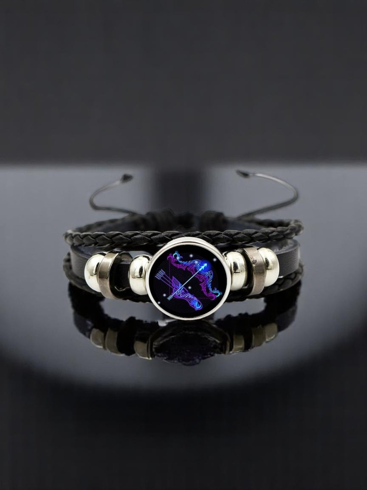 Zodiac Constellation Braided Design Genuine Black Leather Bracelet