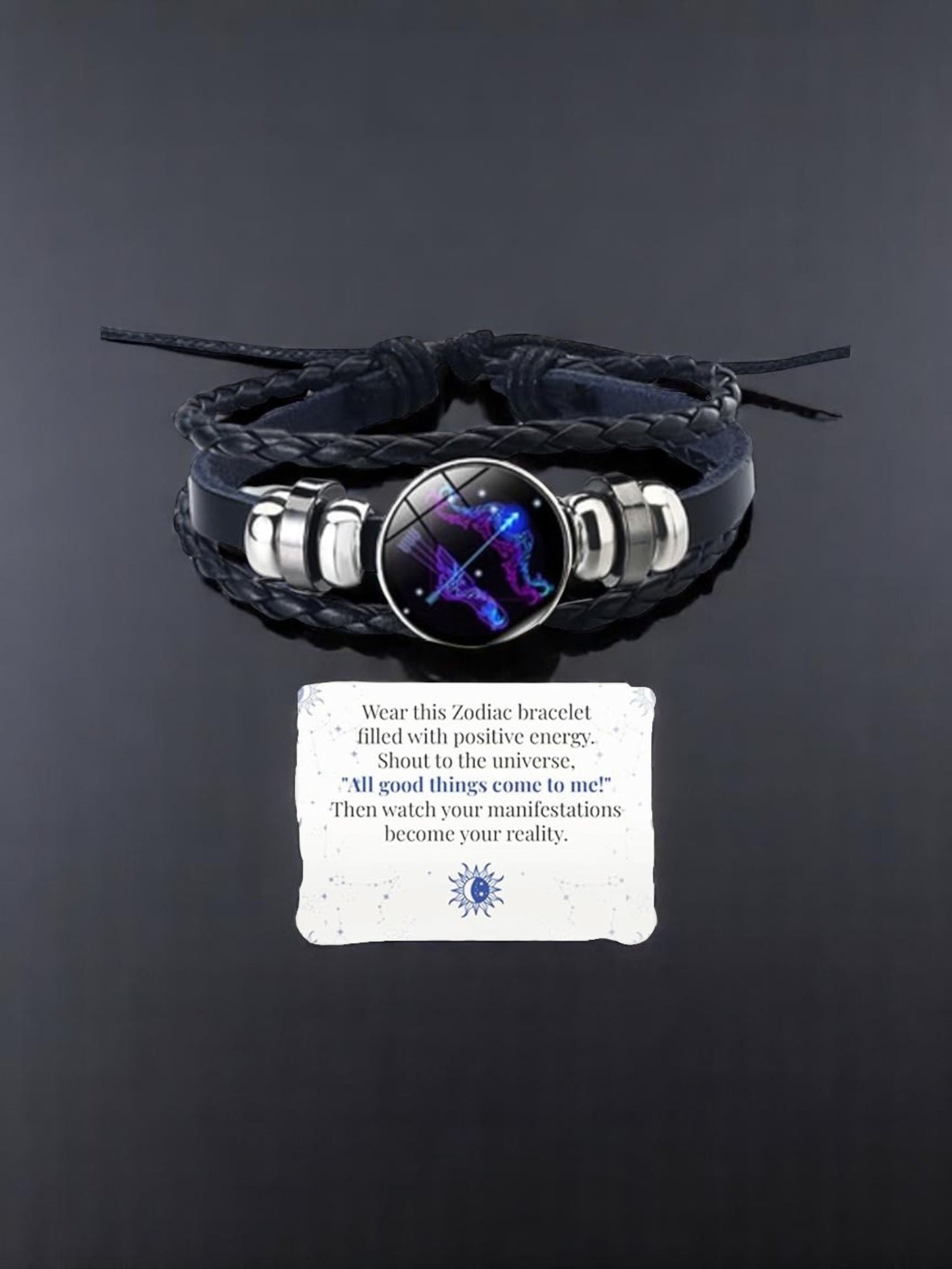 Zodiac Constellation Braided Design Genuine Black Leather Bracelet