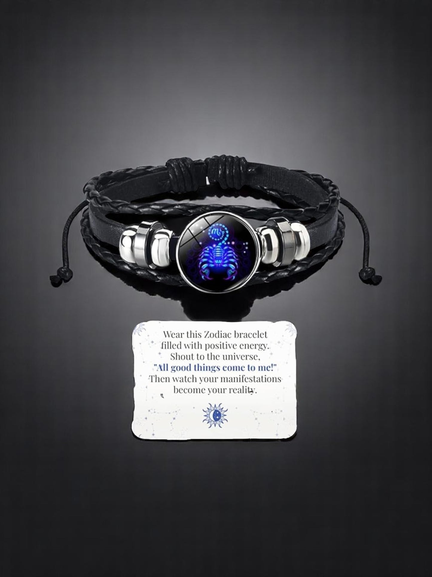Zodiac Constellation Braided Design Genuine Black Leather Bracelet