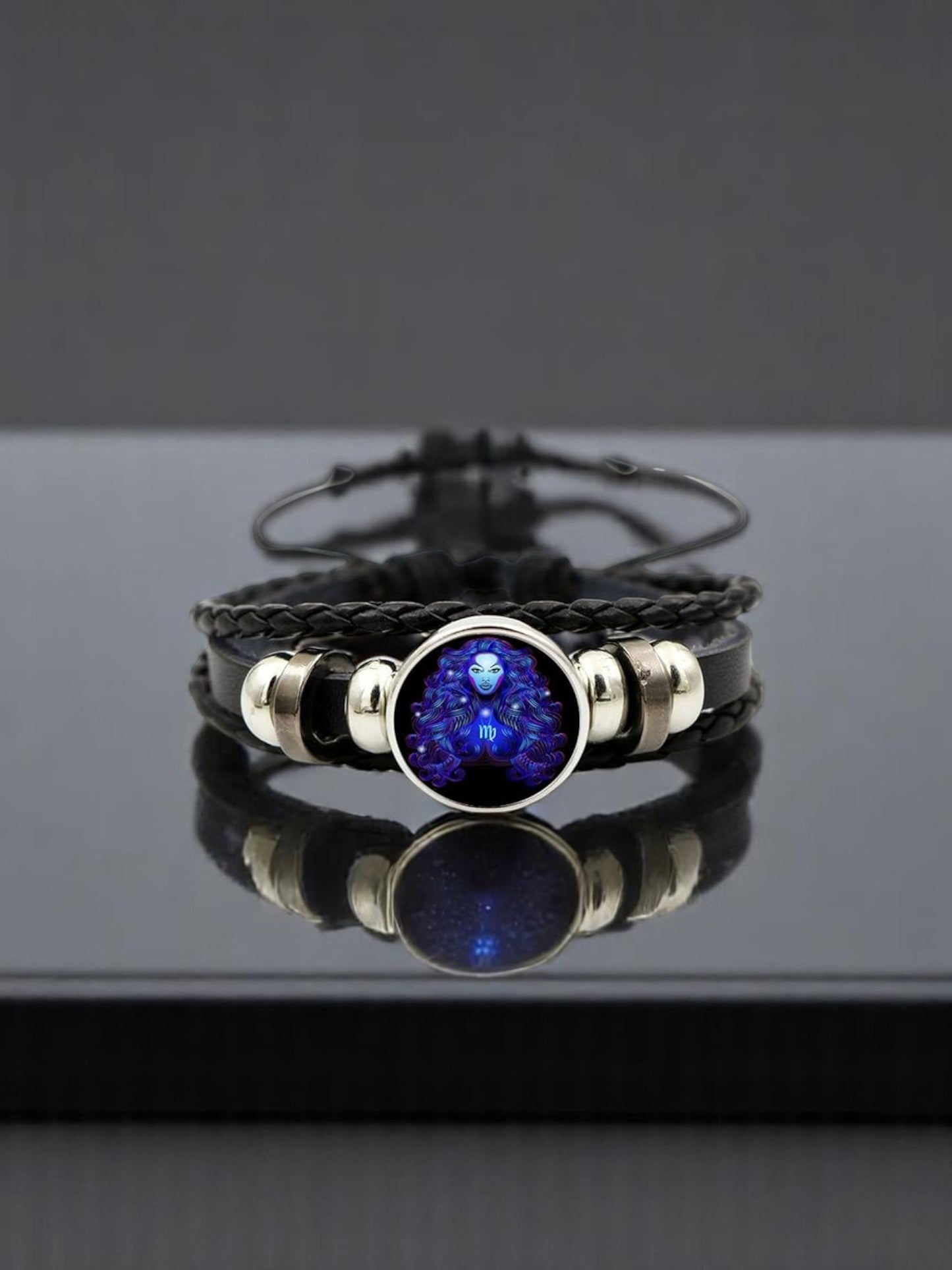 Zodiac Constellation Braided Design Genuine Black Leather Bracelet