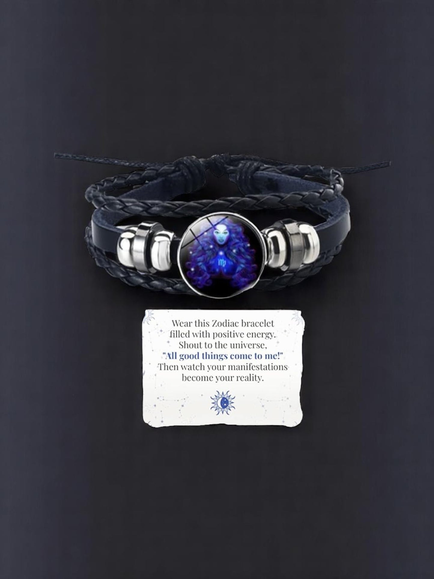 Zodiac Constellation Braided Design Genuine Black Leather Bracelet