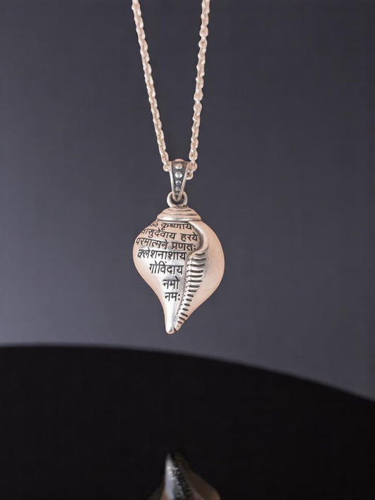Shri Krishna Shankha Pendant with Chain – Spiritual Silver-Toned Jewelry for Daily Wear
