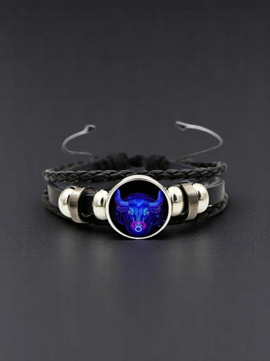 Zodiac Constellation Braided Design Genuine Black Leather Bracelet