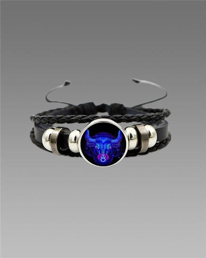 Zodiac Constellation Braided Design Genuine Black Leather Bracelet