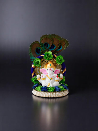 Ganesha on Decorative Handcrafted Floral Plate with Peacock Feather