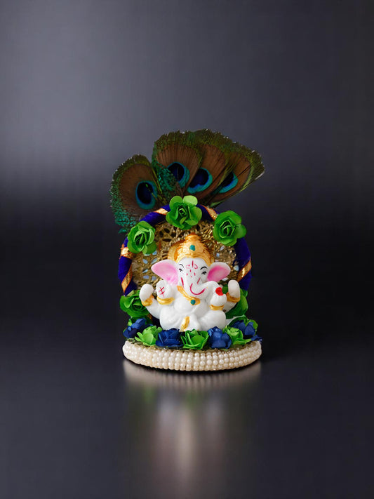 Lord Ganesha Idol on Decorative Handcrafted Floral Plate with Peacock Feather for Home and Car