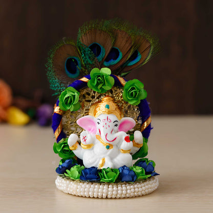 Ganesha on Decorative Handcrafted Floral Plate with Peacock Feather