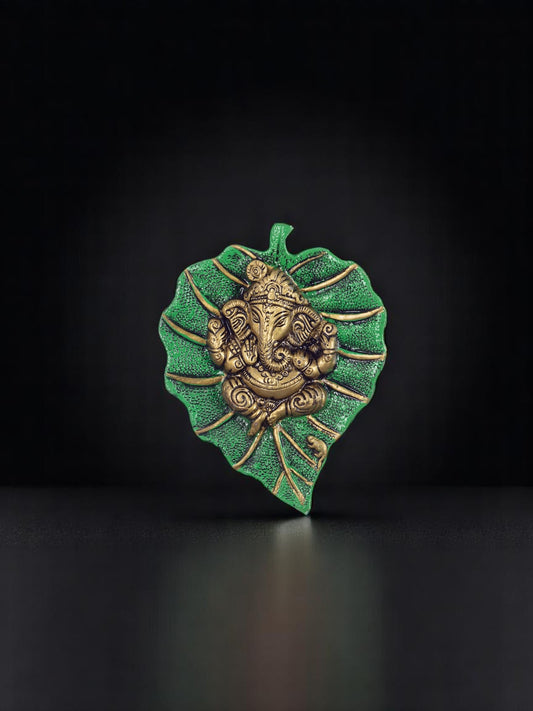 Lord Ganesha Wall Hanging on Green Leaf – Metal Decorative Art for Home & Temple