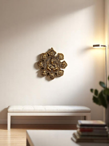 9 Variants of Lord Ganesha Golden Metal Wall Hanging