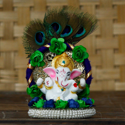 Ganesha on Decorative Handcrafted Floral Plate with Peacock Feather