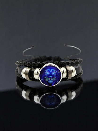 Zodiac Constellation Braided Design Genuine Black Leather Bracelet