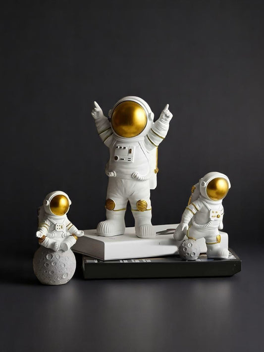 Astronaut Spaceman Statue Ornament Home Office Desktop Figurine Decors Set of 3 - Golden