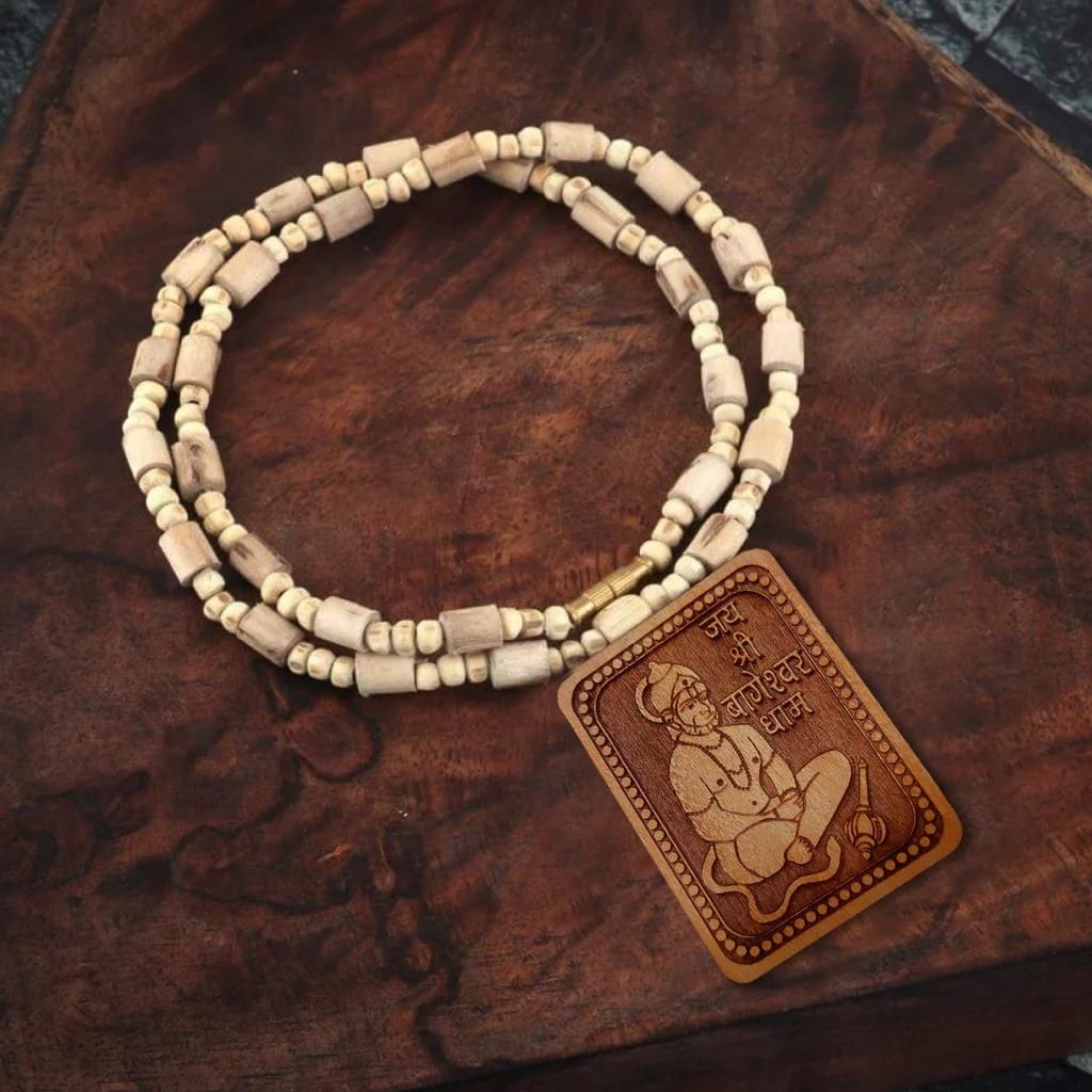 Bageshwar Dham Tulsi Mala with Wooden Hanumanji Locket – Sacred Tulsi Beads with Hand-Carved Hanuman Pendant