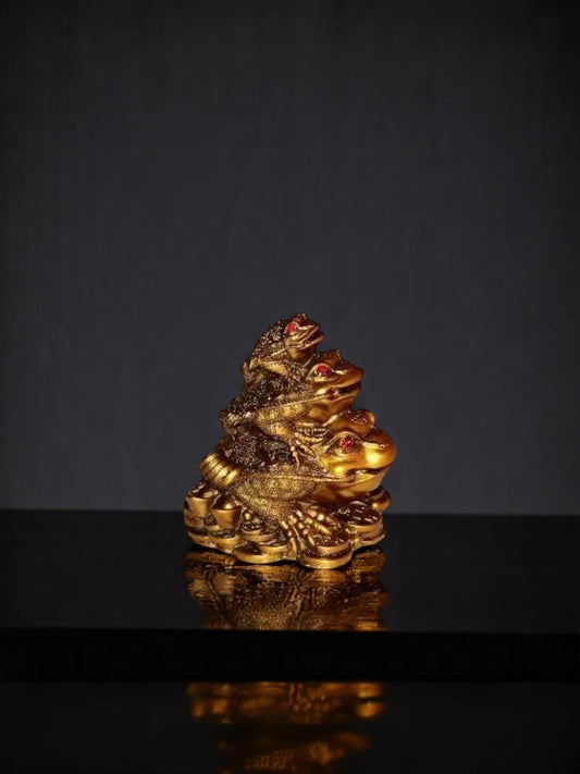 Triple Frog Family With Money Coin & Ingot for health Wealth Power & Prosperity - 10 cm