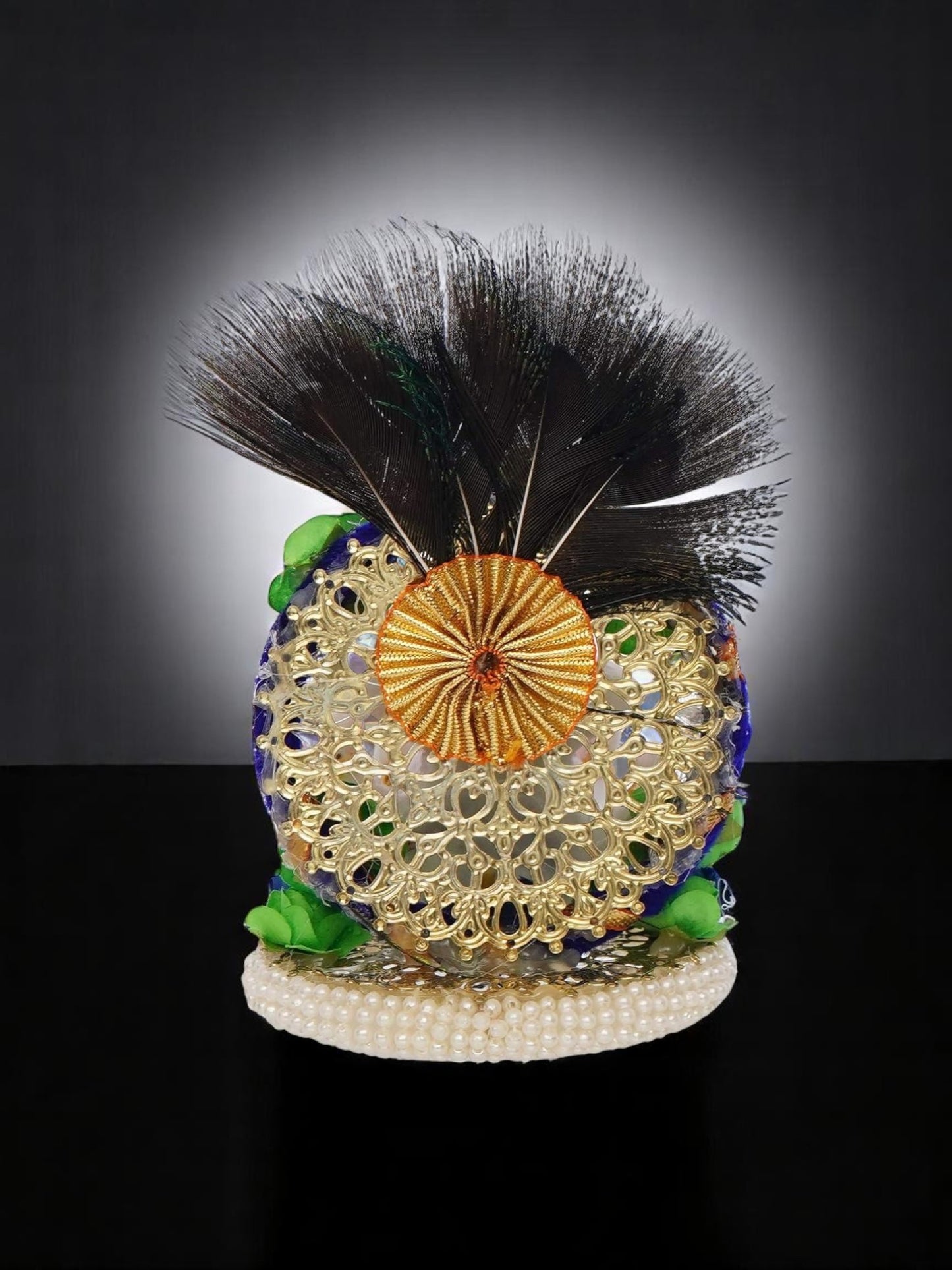 Lord Ganesha Idol on Decorative Handcrafted Floral Plate with Peacock Feather for Home and Car