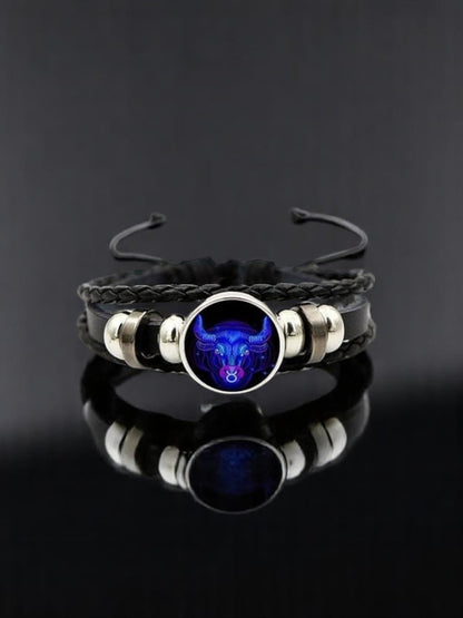 Zodiac Constellation Braided Design Genuine Black Leather Bracelet