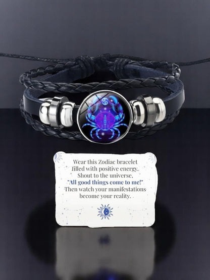 Zodiac Constellation Braided Design Genuine Black Leather Bracelet