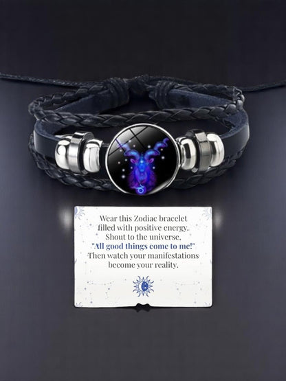 Zodiac Constellation Braided Design Genuine Black Leather Bracelet