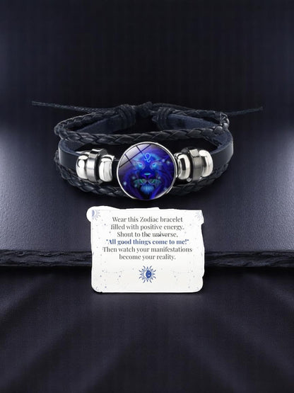 Zodiac Constellation Braided Design Genuine Black Leather Bracelet
