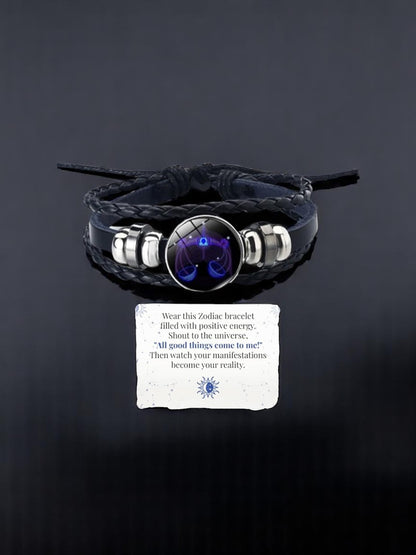 Zodiac Constellation Braided Design Genuine Black Leather Bracelet