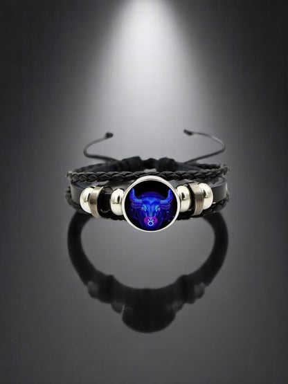 Zodiac Constellation Braided Design Genuine Black Leather Bracelet