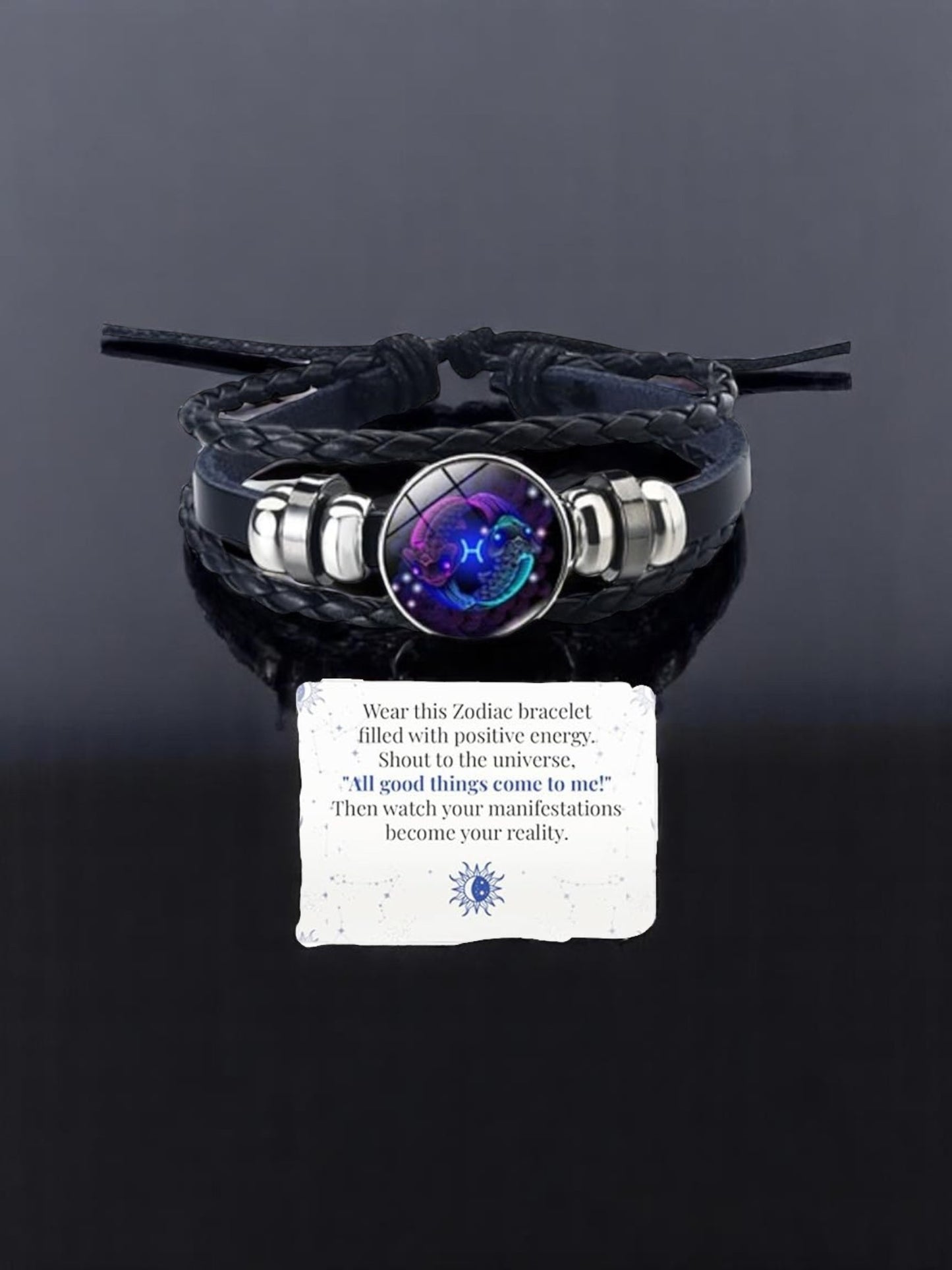 Zodiac Constellation Braided Design Genuine Black Leather Bracelet
