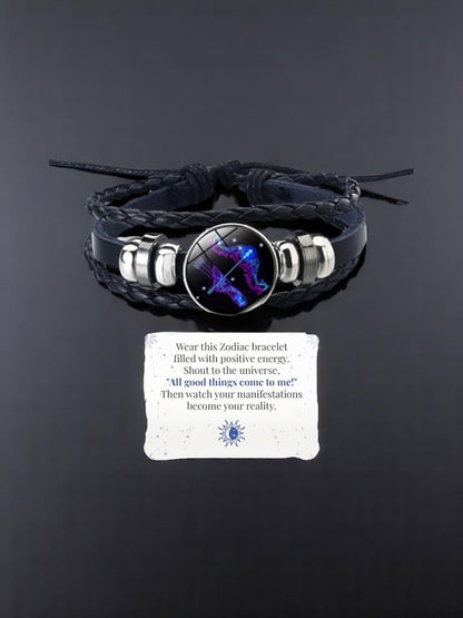Zodiac Constellation Braided Design Genuine Black Leather Bracelet