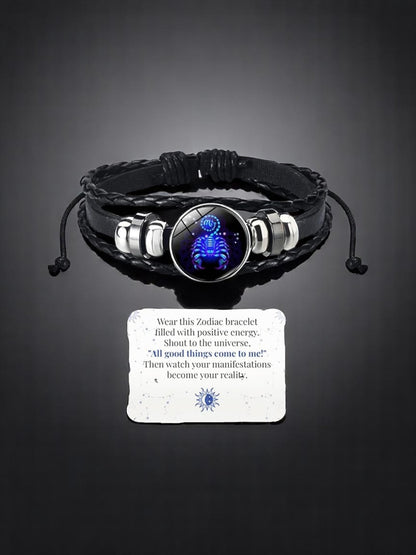 Zodiac Constellation Braided Design Genuine Black Leather Bracelet