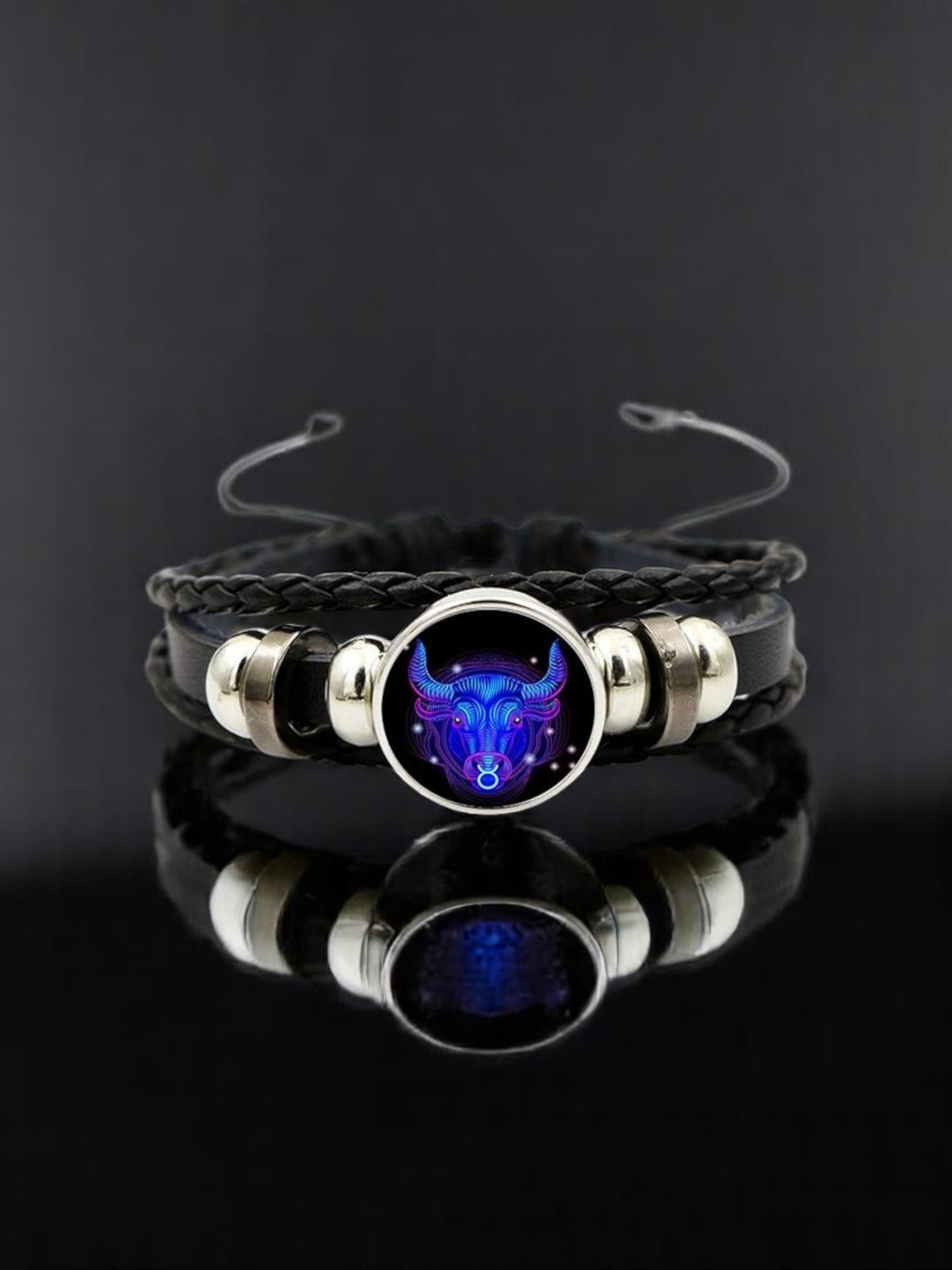 Zodiac Constellation Braided Design Genuine Black Leather Bracelet