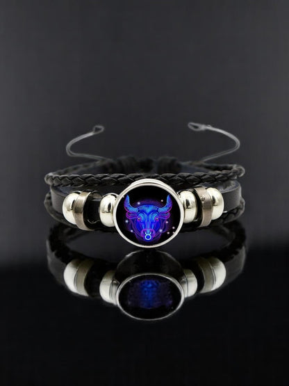 Zodiac Constellation Braided Design Genuine Black Leather Bracelet