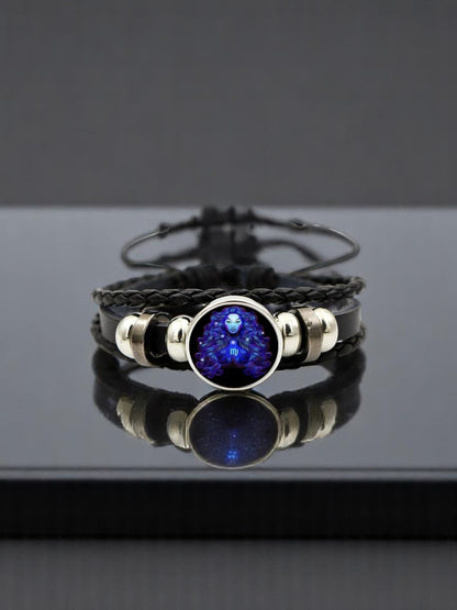 Zodiac Constellation Braided Design Genuine Black Leather Bracelet